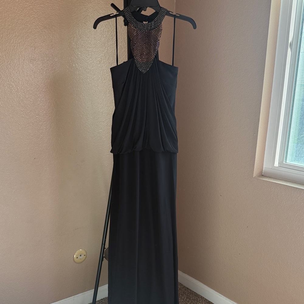 Cache Black Maxi Dress with Beaded Neckline